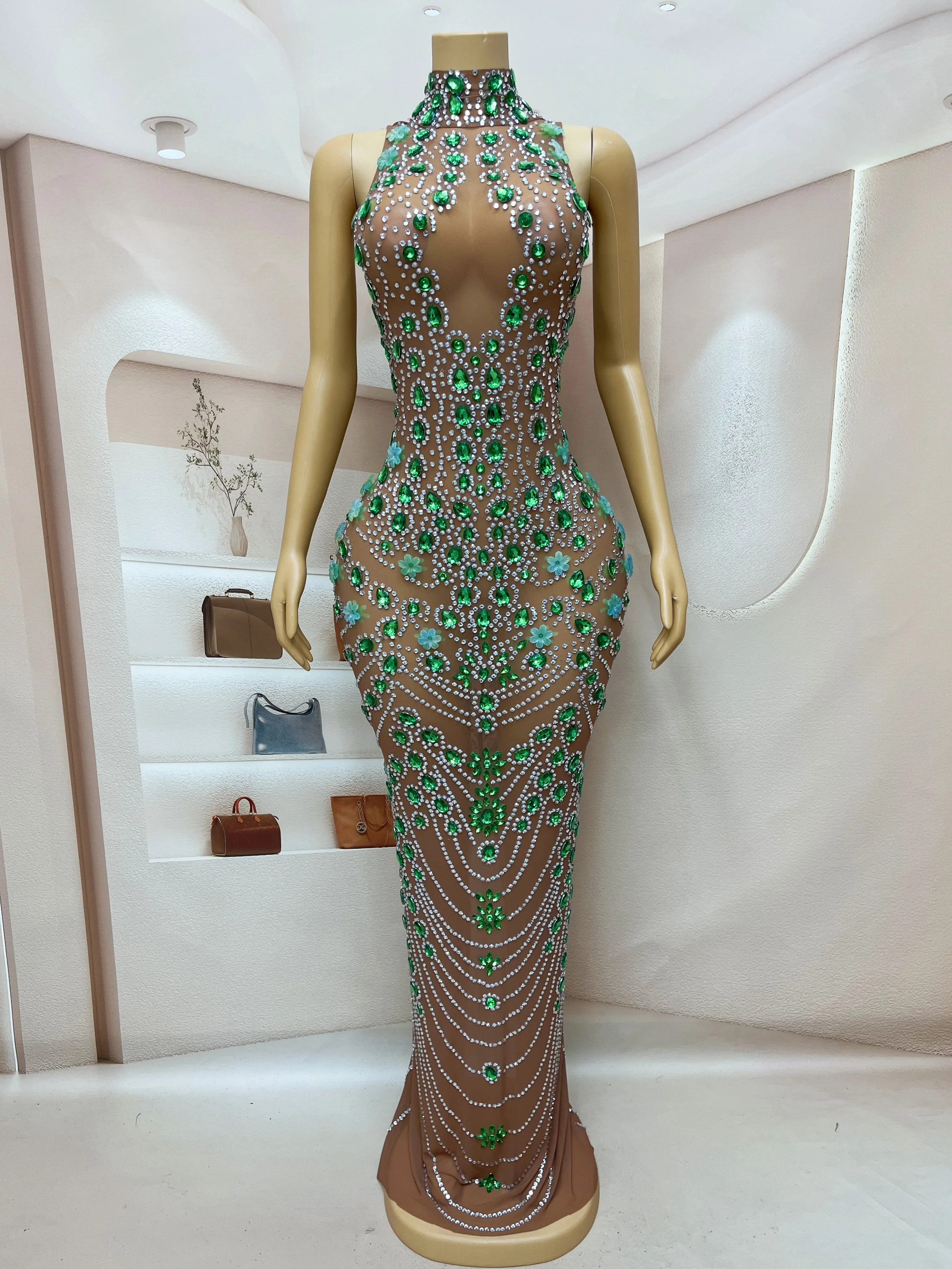 Silver Green Rhinestones Flower Birthday Celebrate Brown Dress Backless Graduation Transparent Outfit Collection Costume qingse