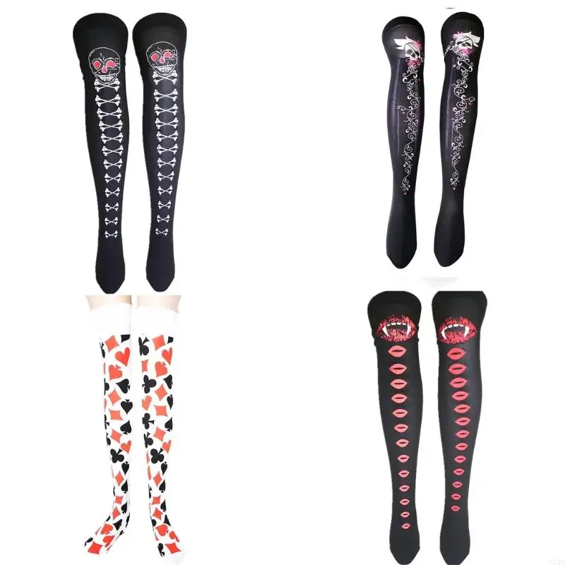 Halloween Themed Cosplay s Cops High Stockings Silk sur le genou longs chaussettes avec des lèvres rouges crâne à