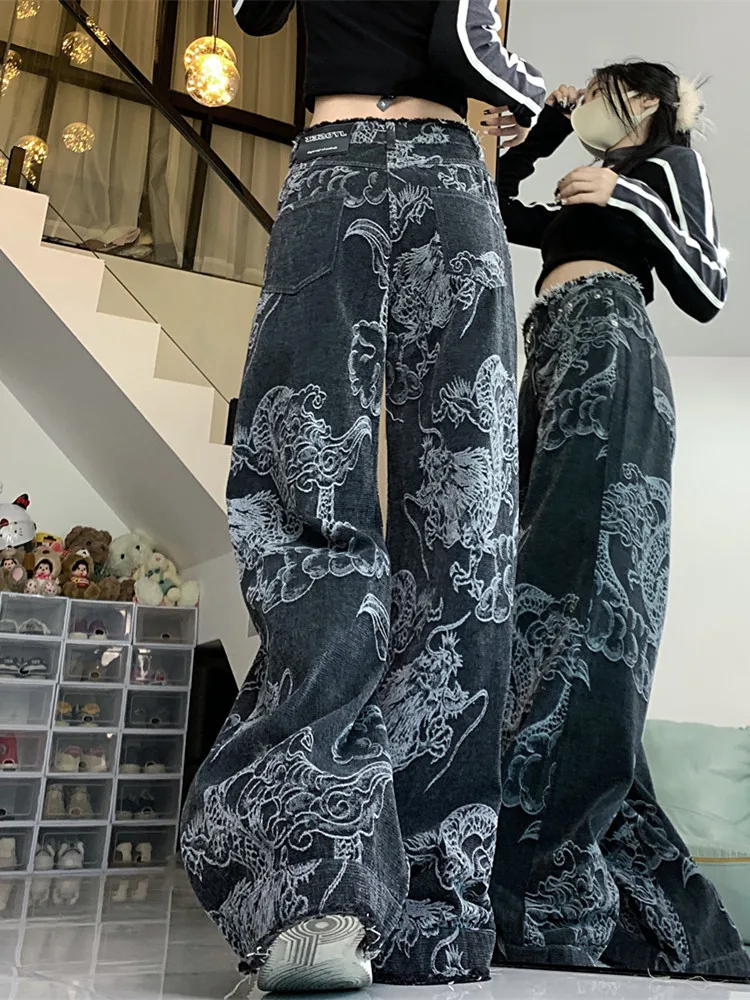 2023 Cyber Y2K Streetwear Dragon Print Black Baggy Wide Leg Jeans Pants For Women 90S Clothes Vintage Lady Straight Trousers