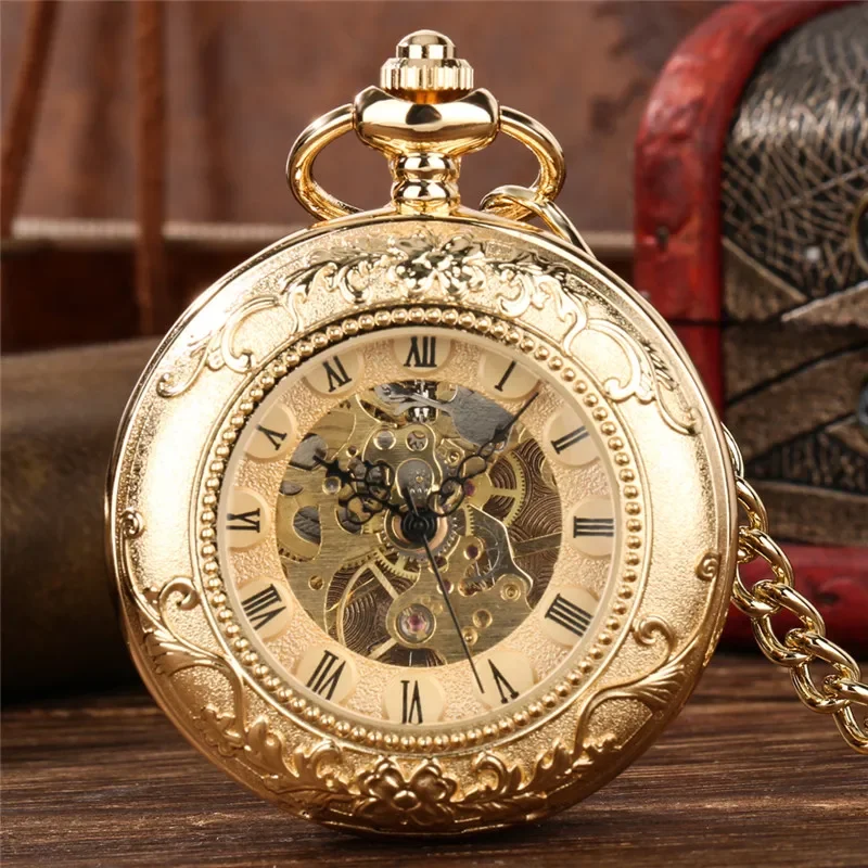 

Luxury Golden Double Hunter Handwinding Mechanical Pocket Watch Roman Number Dial with Pendant Chain Retro Timepiece Gift