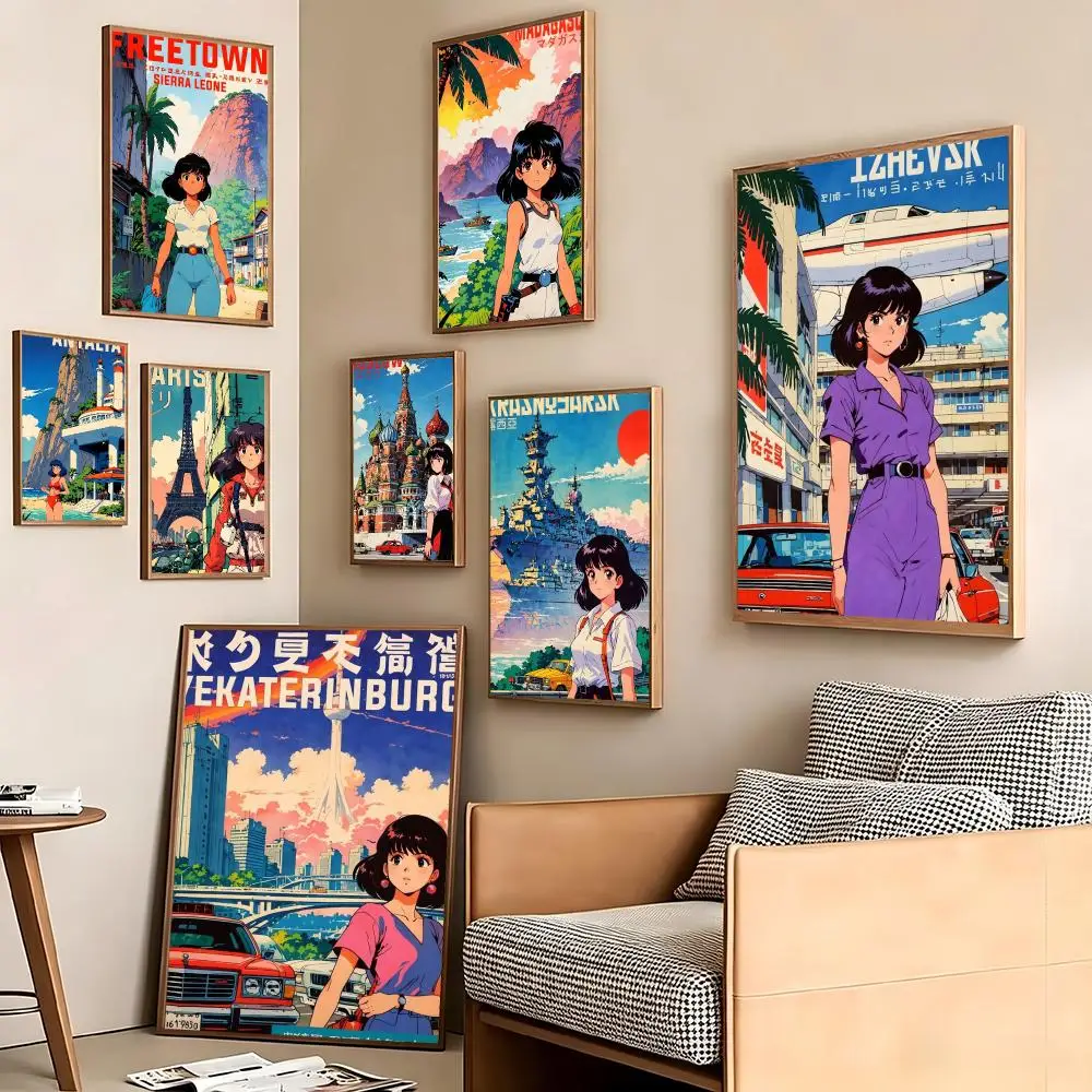 Vintage Japanese Anime Aesthetic Poster Pegatina artistica HD autoadhesiva impermeable para salon dormitorio