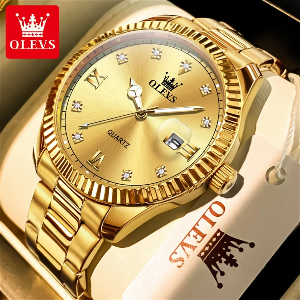 OLEVS Brand Luxury Gold Quartz Watch for Men Stainless Steel Waterproof Luminous Fashion Calendar Mens Watches Reloj Hombre