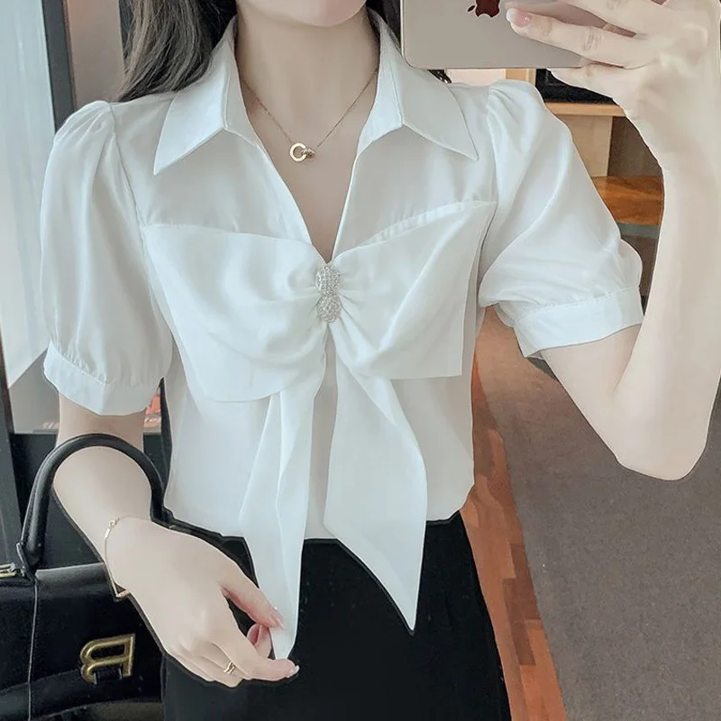 Temperament Bow Patchwork Shirt Tops Polo Neck Short Sleeve Solid All-match Youth Blouse Sweet Fashion Women Clothing Summer New