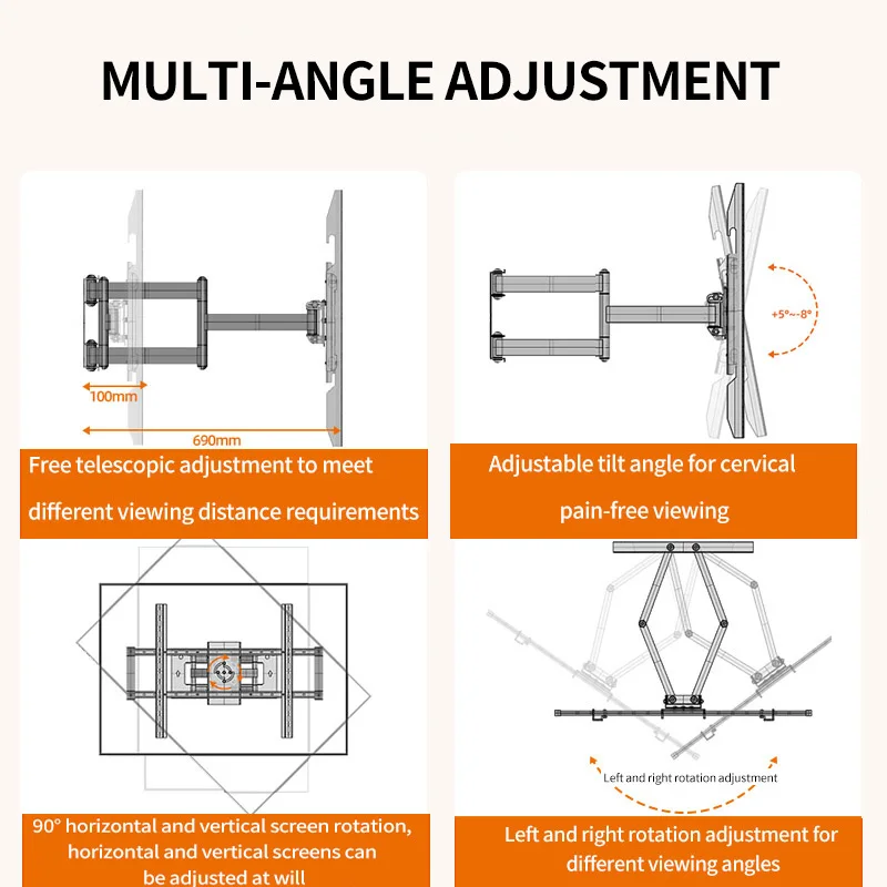 HILLPORT Articulating Full Motion TV Wall Mount Bracket Tilt Swivel Arm TV Stand Support Size 55\'\'-90\