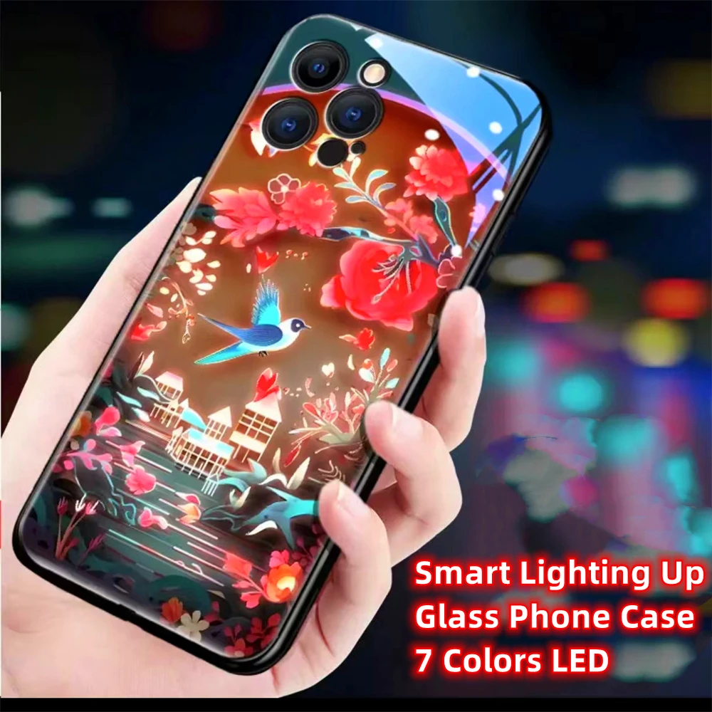 Shining Lucky Magpie Smart LED Light Glow Tempered Glass Phone Case For Samsung S24 S23 S22 S21 S20 FE Note 10 20 Plus Ultra A54