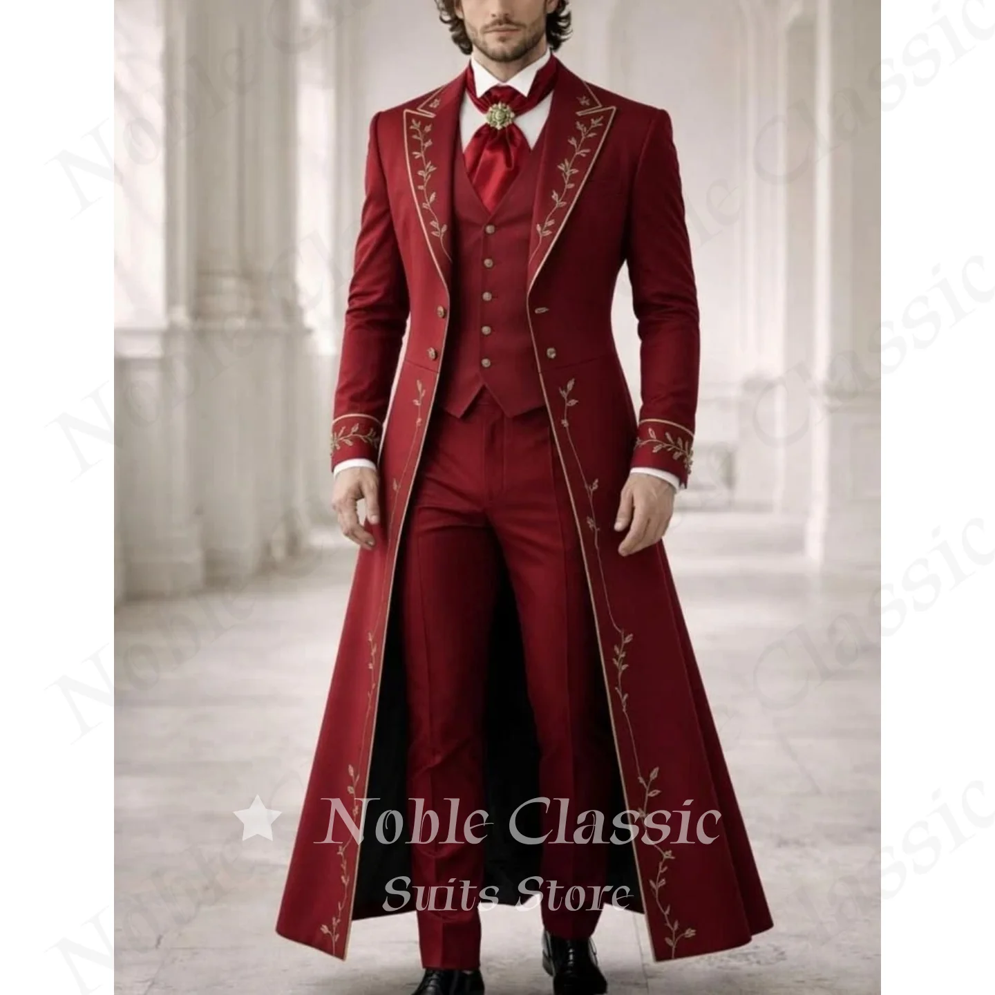 3 Piece Men Suit Burgundy Red Floor Long Tail Coat Hand Gold Vine Embroidery Peak Lapel Waistcoat Straight Pants Slim Customized