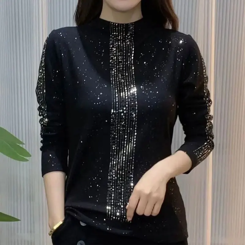 

Fashion Diamonds Sequined T-shirt Casual Female Clothing Vintage Solid Color Autumn Winter Basic Half High Collar Slim Pullovers