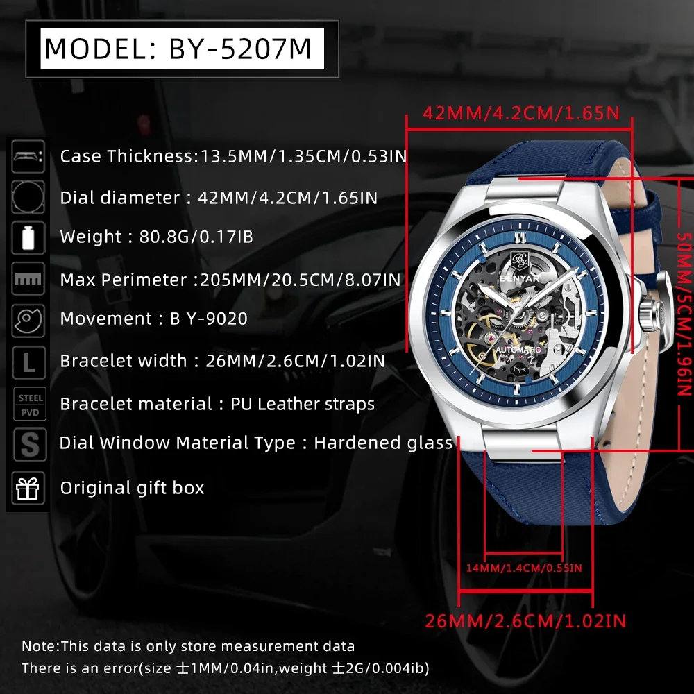 BENYAR Automatische Bewegung Mechanische Uhr 5207 Tourbillon Sport Lederband Leuchtende Wasserdichte Herren Uhr Relogio Masculino