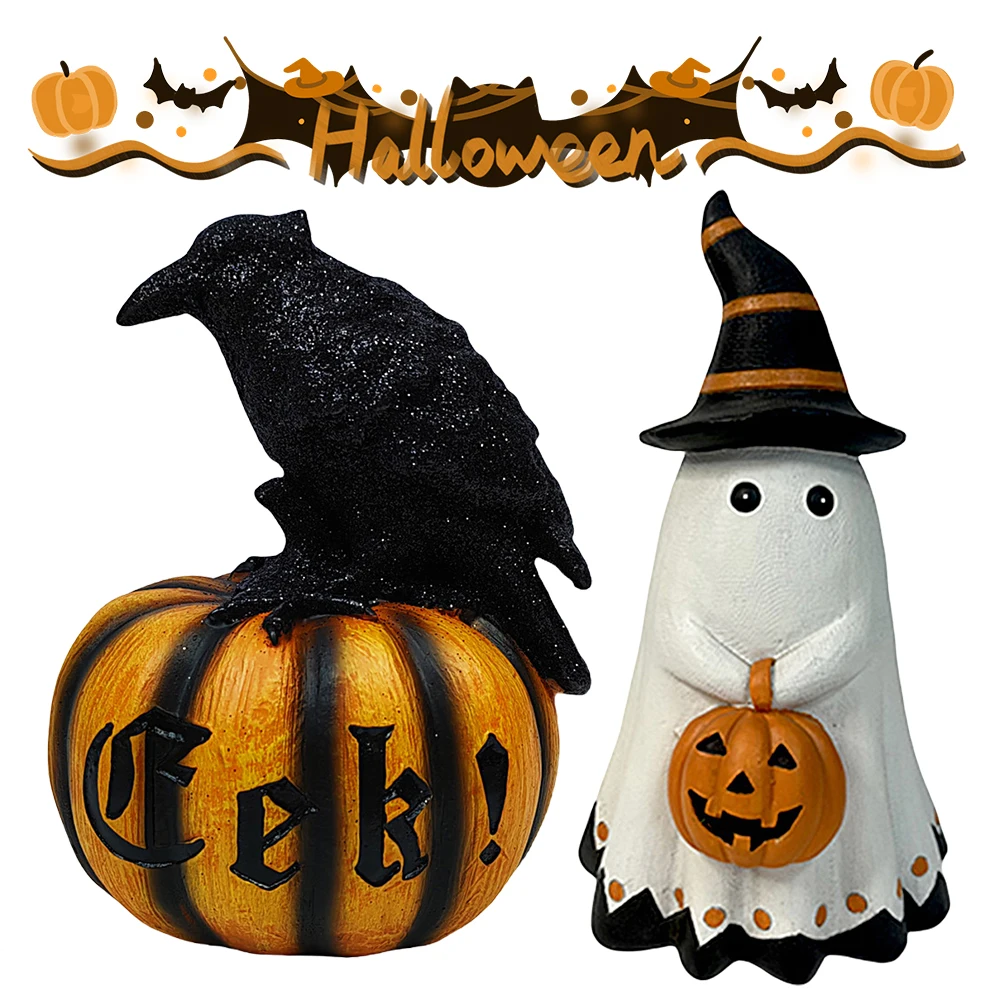 

Halloween Spooky Pumpkin Crow Decor Resin Raven Pumpkin Ornament Horror Tabletop Decoration for Shop Bedroom Living Room
