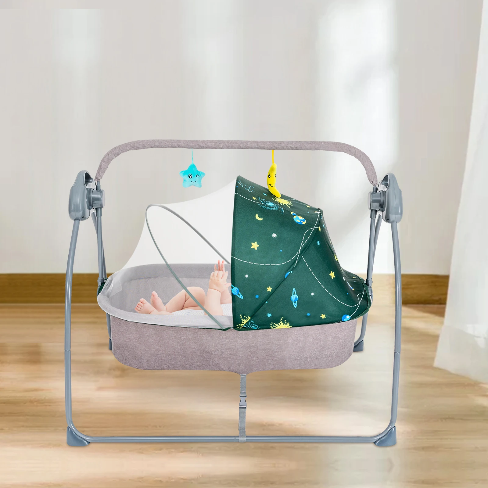 Baby Cot Travel Cot Baby with Mattress Foldable Electric Baby Cradle with Mosquito Net and Remote Control 5 Speed Levels