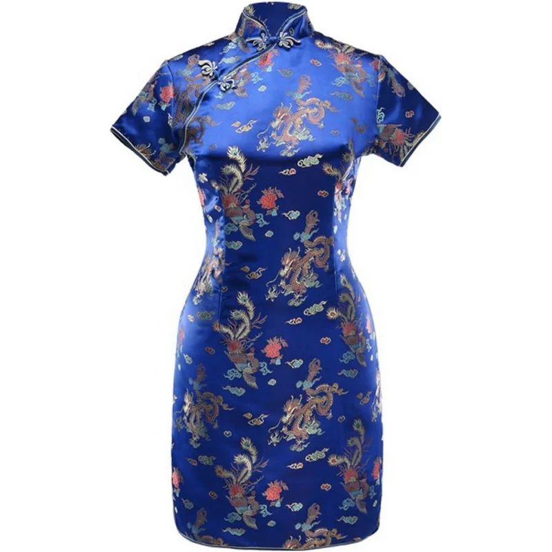 

Women's VTG Navy Blue Dragon Mini Chinese Prom Dress Cheongsam