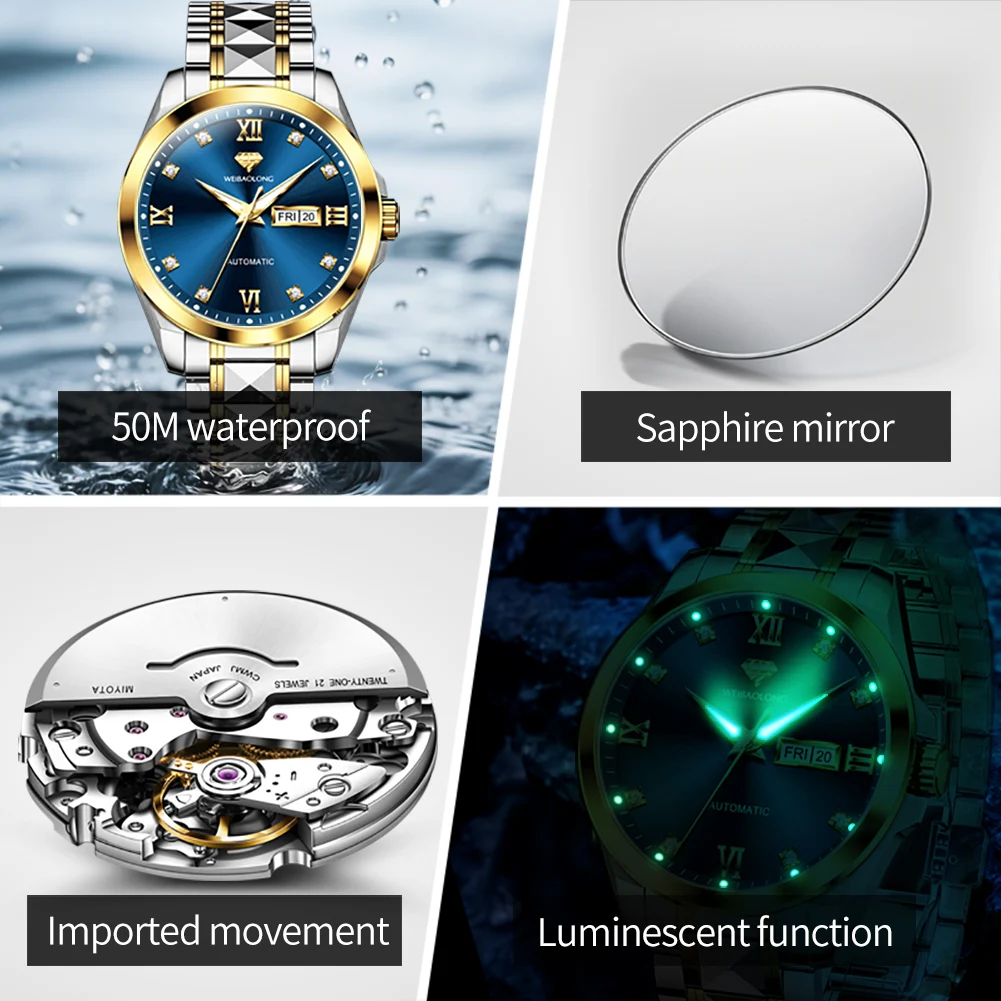 ساعة WEIBAOLONG 3803 الماسية الحقيقية للرجال مستوردة بحركة أوتوماتيكية ساعة يد ميكانيكية للأعمال