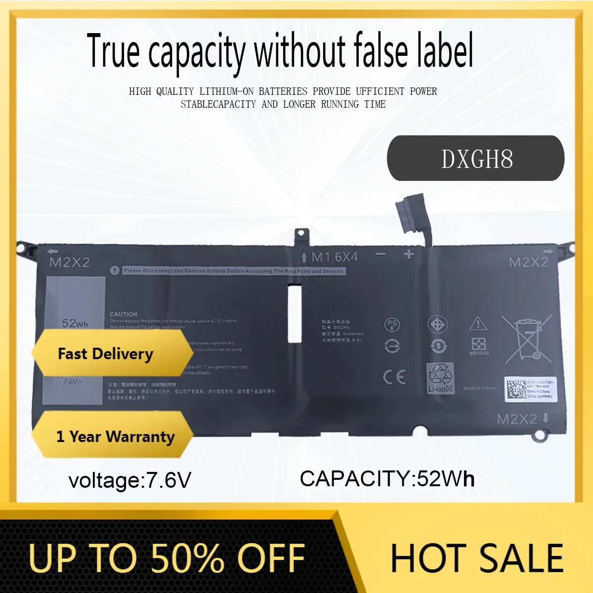 2026 New DXGH8 Laptop Battery For Dell XPS 13 9380 9370 7390 For Dell Inspiron 7390 2-in-1 7490 G8VCF H754V 0H754V P82GFast Deli