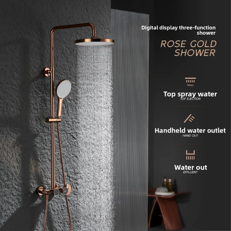 

Full Copper Rose Gold Shower Set with Digital Temperature Display 3 Functions Wall Mounted Bathroom