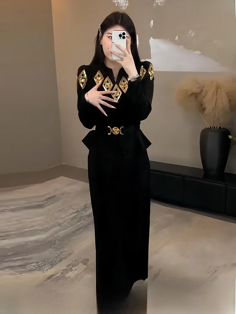 

Elegant Black Long Sleeve Women's plus Size Knitted Inner Wear for Winter New Year's Outfit High Waist Slim Fit Luxury Style