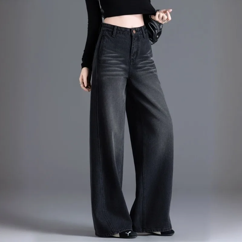 Nowe amerykańskie jeansy retro z polaru na jesień i zimę, z wysokim stanem, luźne, casualowe, wyszczuplające, proste, modne, uniwersalne spodnie z szerokimi nogawkami.