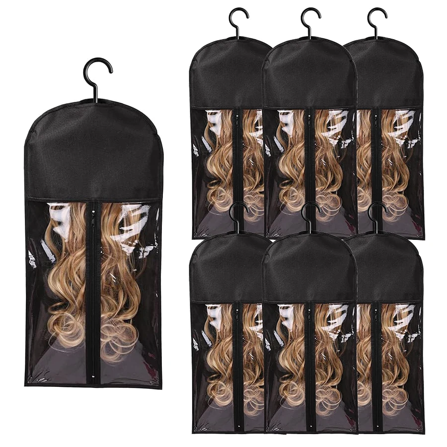 6pcs Long Hair Extensions Storage Bag Non-Woven Dust Proof Wigs Carrier Bags With Plastic Hanger For Home Salon Organizer