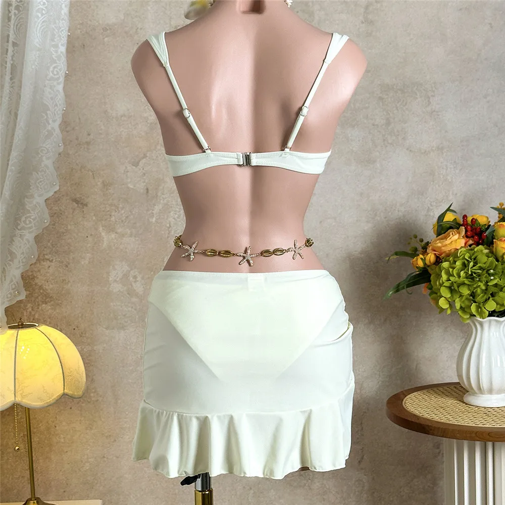 Bikini de Metal con realce para Mujer, traje de baño con faldas, traje de baño Sexy para cubrir, ropa de baño para Mujer 2026, conjuntos de Bikinis de 3 piezas