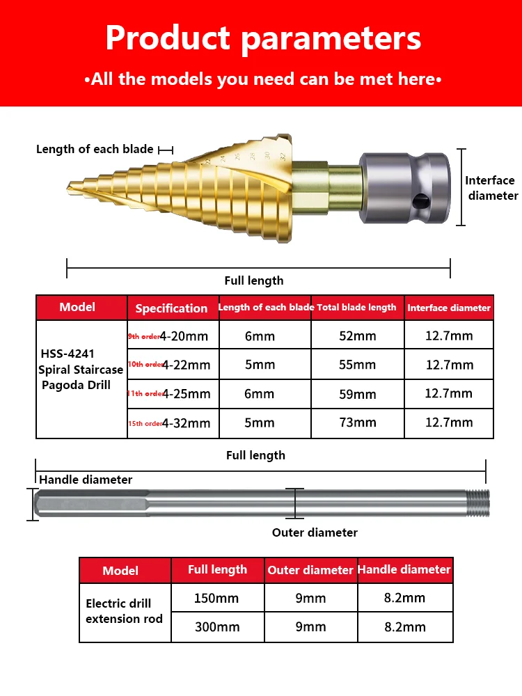 Punta da trapano pagoda estesa, trapano a mano, apri foro a spirale per la lavorazione del legno ad alta durezza, trapano a gradini, lamiera di ferro conica e boa per legno