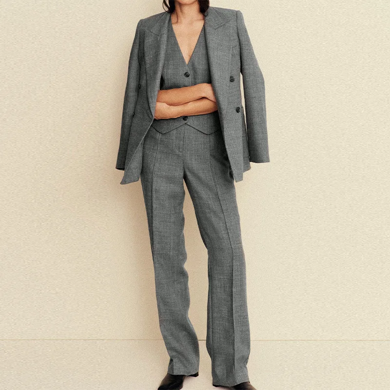 

Офисный женский комплект из 3 предметов, модный пиджак «Челси», однобортный жилет на молнии, прямые брюки, новый повседневный женский костюм 2025 года