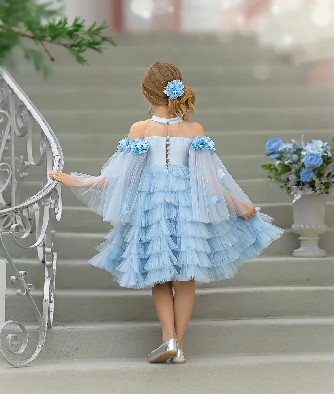 Vestido de niña de flores azul cielo para boda, apliques de tul con cuentas, vestidos de fiesta de cumpleaños eucarísticos de princesa para niños