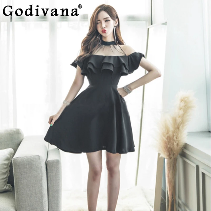 Robe noire Sexy à volants pour femmes, grande taille, épaules dénudées, mode, taille haute, ligne a, robes élégantes coréennes rajeunissantes, été