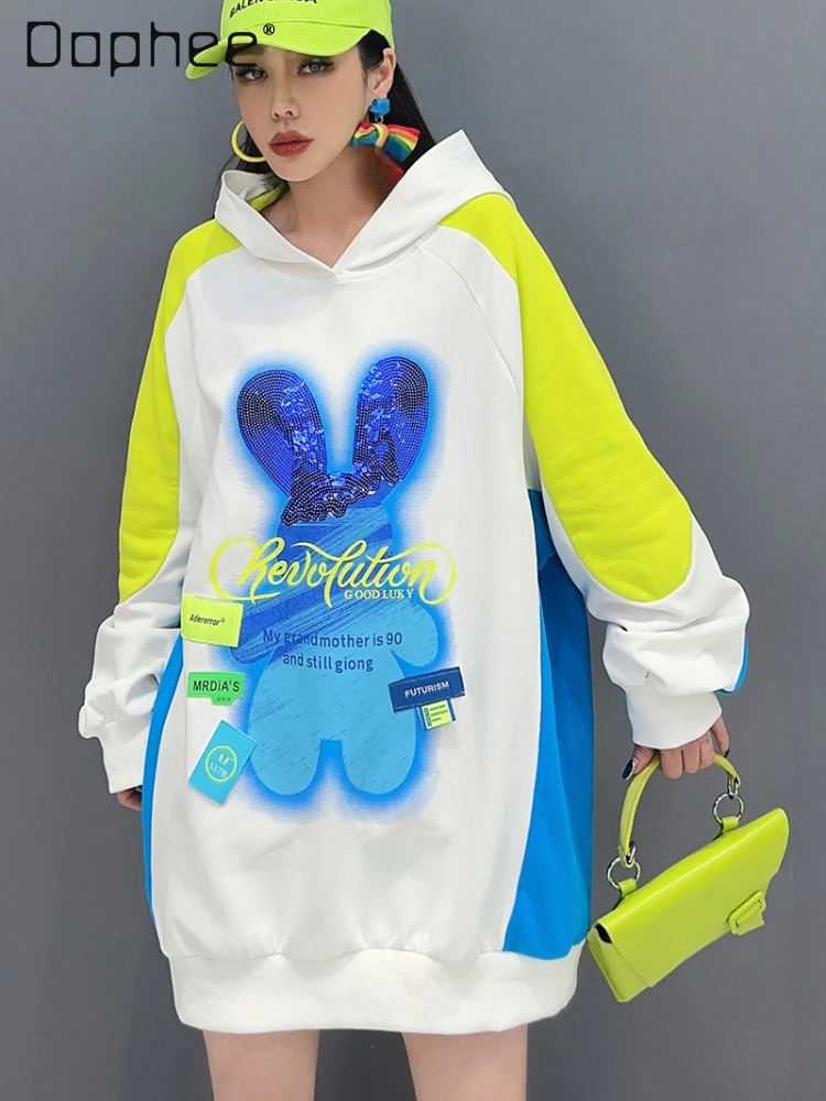 

Sports Casual Cartoon Printed Pullover Sweatshirts 2024 Spring Autumn Loose Long Sleeve Hooded Color Matching Women's Clothing