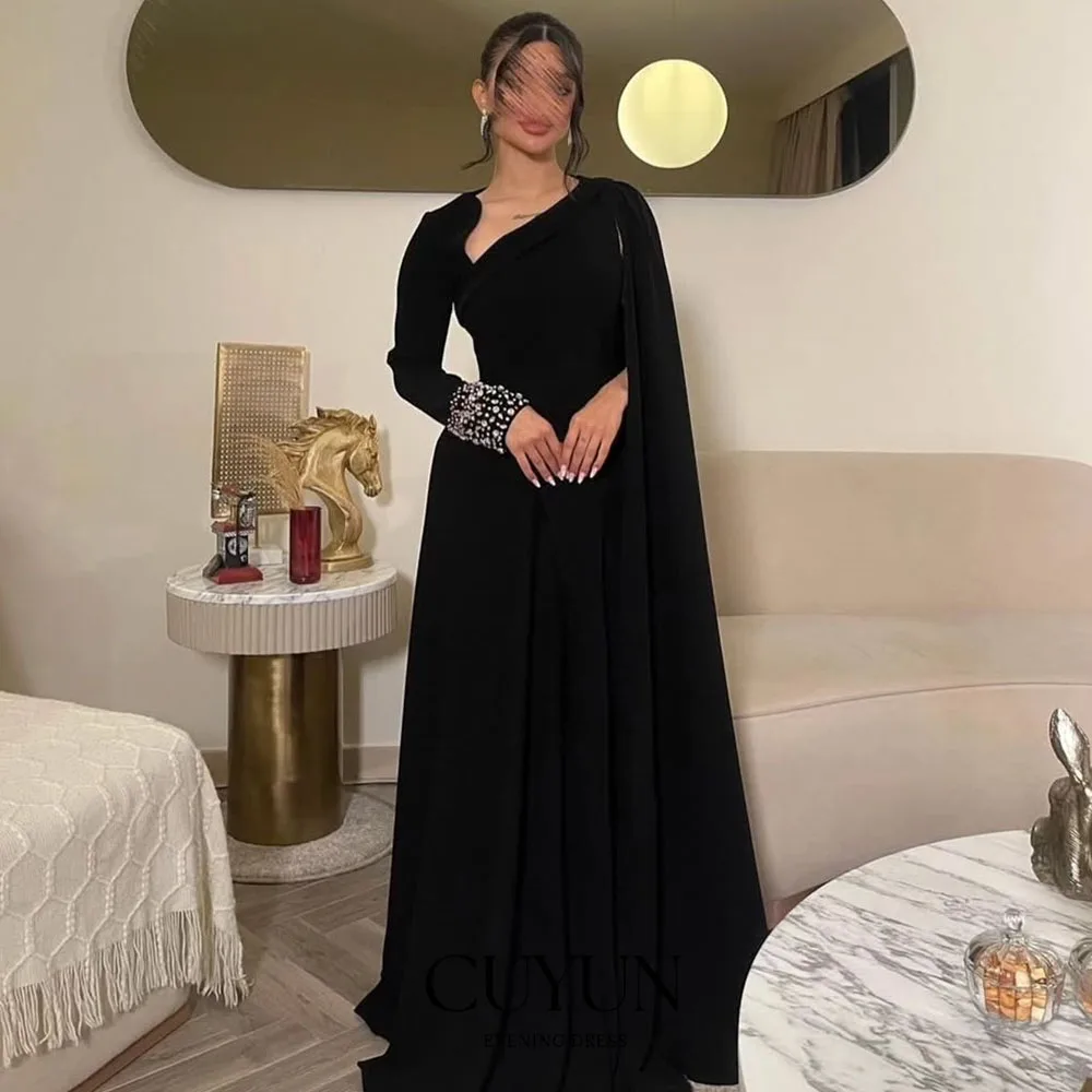 

CUYUN Saud Arabic Formal Evening Dress with Cape Black A Line Party Gown Customized Long Sleeves Crystal Stone Prom Dress