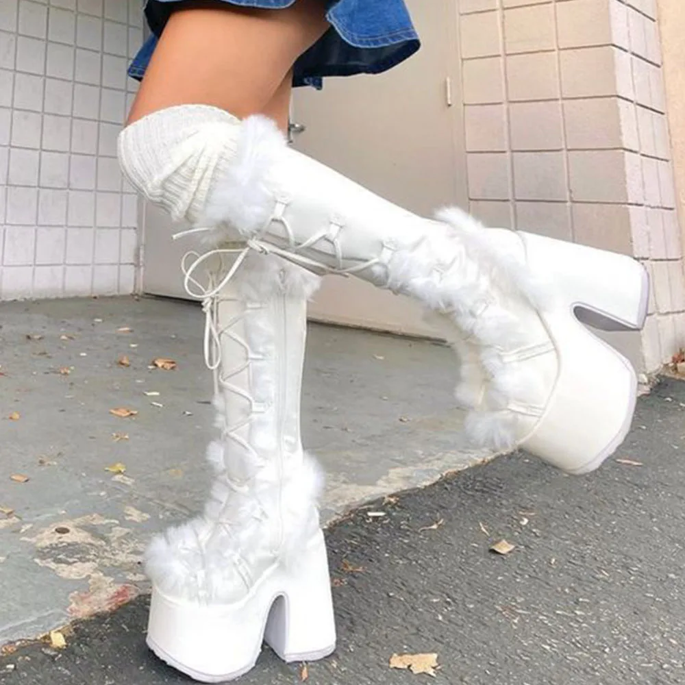 Big Size 46 Winter y2k Pink Knee High Boots Women White Chunky Platform Boots Gothic Black Faux Fur Block High Heels Boots Shoe