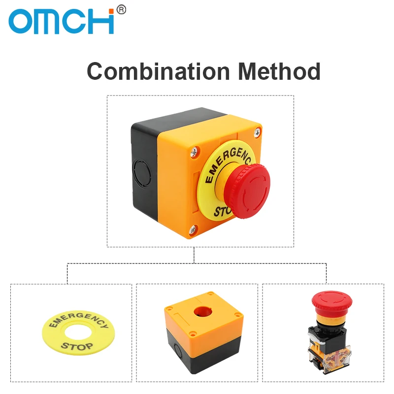 Interruptor de botão de travamento automático OMCH com caixa, cabeça de cogumelo, sinal vermelho, NO + NC, AC660V, 10A, parada de emergência