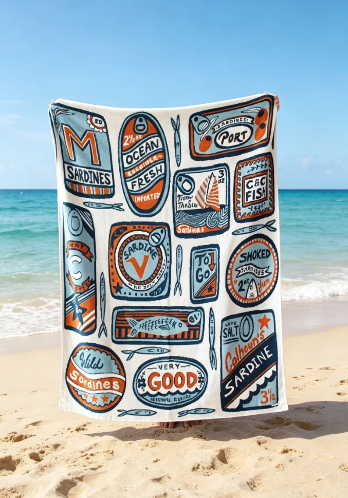 Sardine Beach Towel Atlantic Blue Copper Antique Anchovy Tin Home Decoration Chef Food Lovers Gift Ocean Theme Room Art Towel