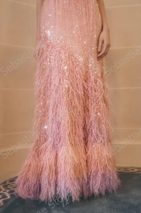 Glitter Pink Sequin Prom Dress Spaghetti Strap Feathers Long Formal Evening Party Gowns For Women Floor Length Draped Beauty Gow