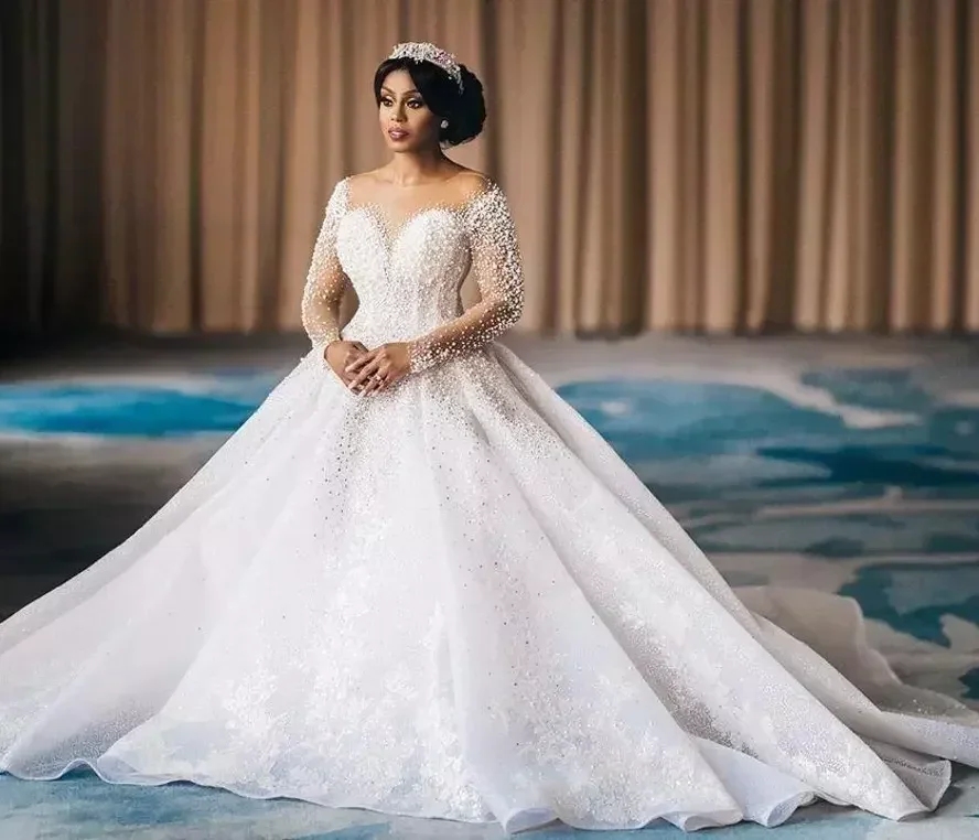 Customized Vestido De Novia Custom Sexy/Wild Bridal Gown Long Sleeve Lace Luxury Pearl Large Trailing Wedding Dress