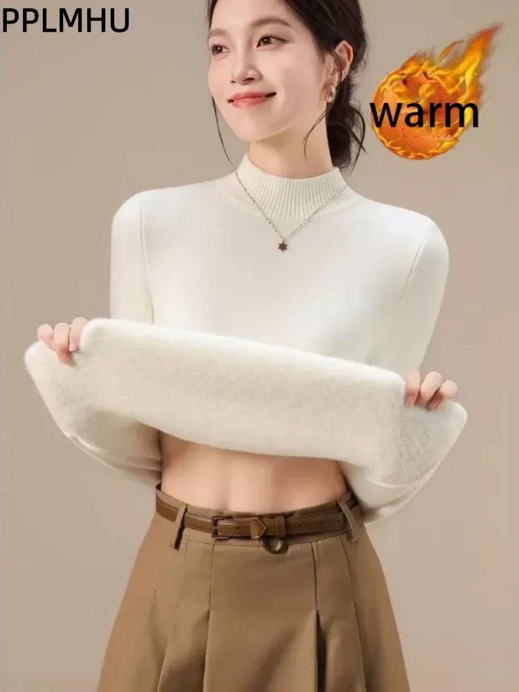 

O-Neck Plush Thickened Knitted Sweater Women's Casual Slim Korean Fashion Pullovers Warm Long Sleeved Bottom Tops Jumpers