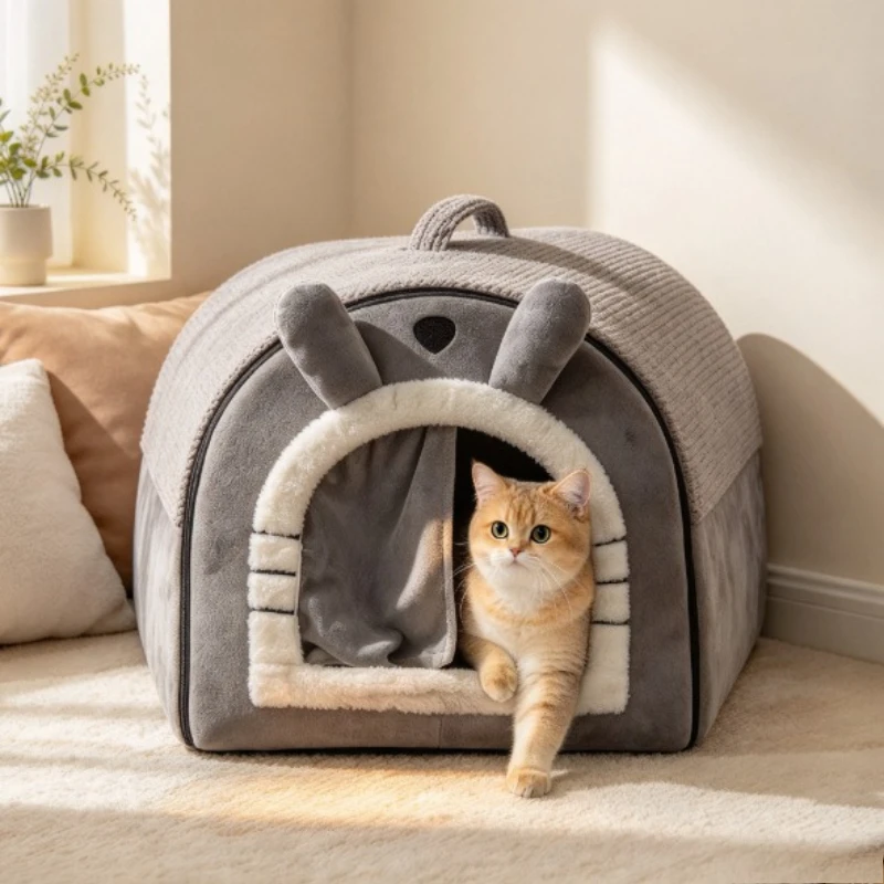 Heated Cat Bed, Smart Thermostatic Enclosed Cat House, Washable Adjustable Anti-Slip for All-Season Warm, Dogs Cats Home Use