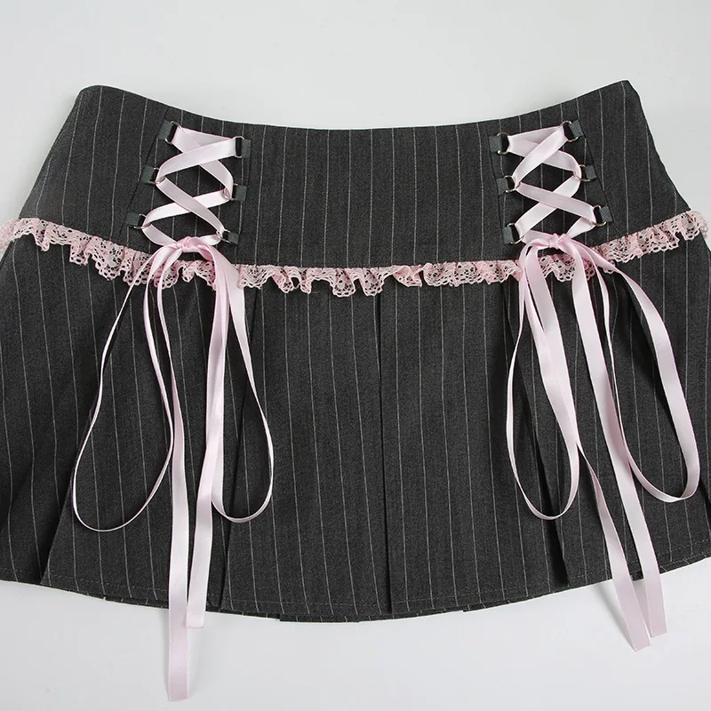 

Плиссированная юбка в полоску с бантом Spice Girls, уличная мода, короткая юбка с низкой талией для женщин