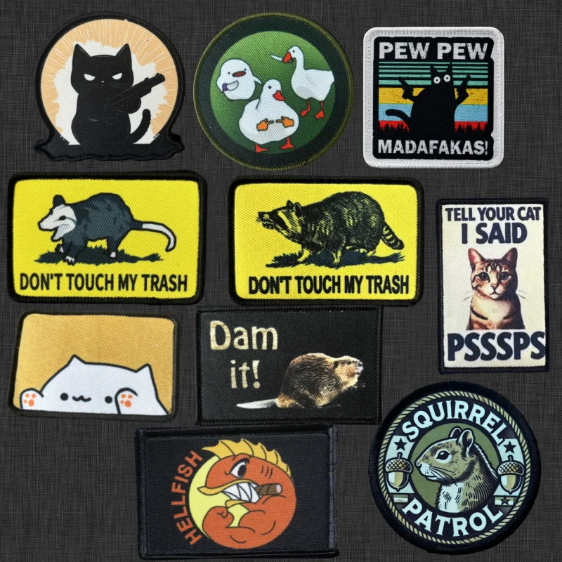 Insignia de moral de Animal divertido, parches de gancho y bucle con estampado de gato FAFO, brazalete de Meme de gato gordo Bongo, no toques mi basura, pegatinas de mapache