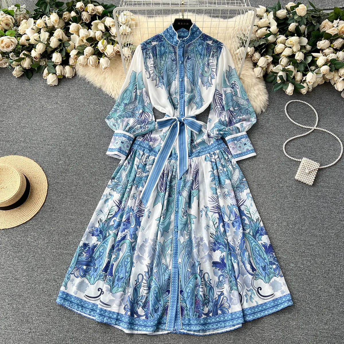 Women Dresses 2023 Stand Collar Elegant Vintage Paisley Print Boho Dress Long Sleeve Button Up Chiffon Long Dresses With Belt