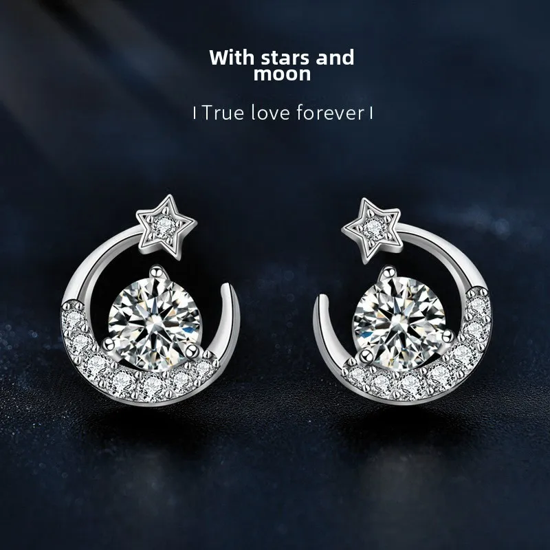 

Light luxury 925 sterling silver star moon moissanite stud earrings for women, anniversary birthday gift