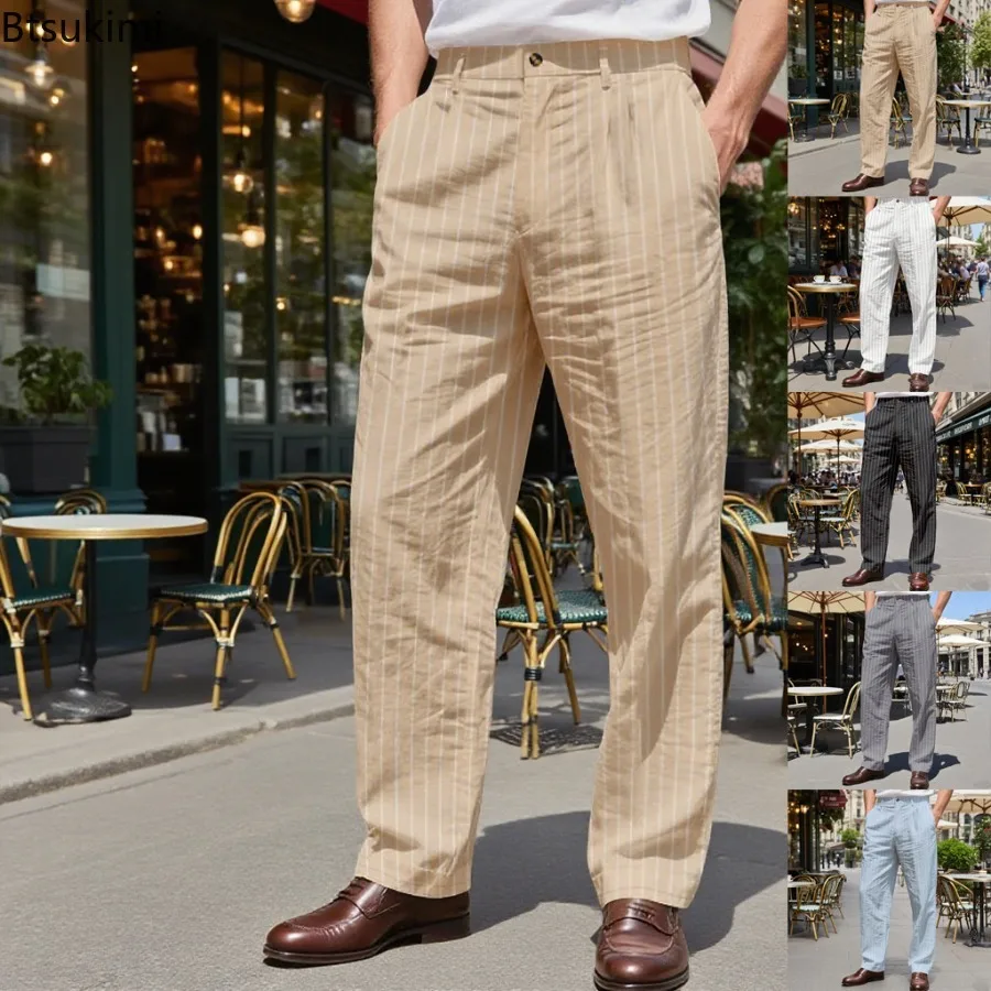 2025 Men's Fashion Striped Hot Pants Simple Loose Classic Linen Ankle Pants Spring and Autumn Casual Beach Sports Pants for Men