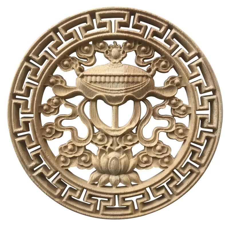 Solid wood carved circular hollow auspicious Eight Treasures Tibetan style decoration Dongyang wood carved stickers