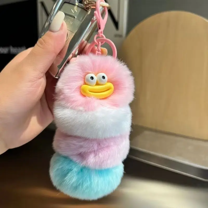 Miniso Brzydki, uroczy breloczek do kluczyków w kształcie gąsienicy z imitacji futra królika rex, pluszowa zawieszka do torby, prezent dla dziewczynek