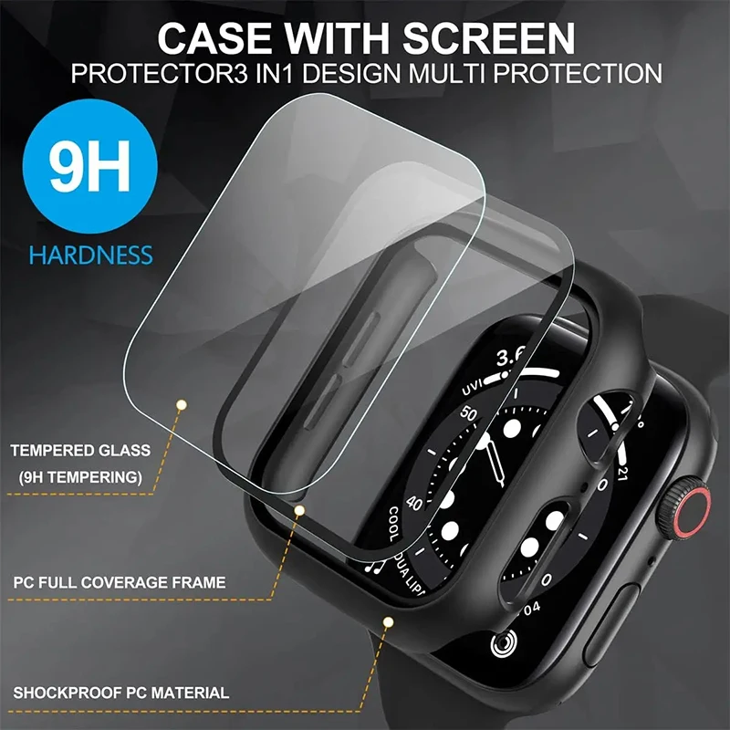 Tempered Glass+Cover For Apple Watch Ultra 49mm Screen Protector Case iWatch Series 9 8 7 6 5 4 SE 45mm 41mm 44mm 40mm 42mm 38mm