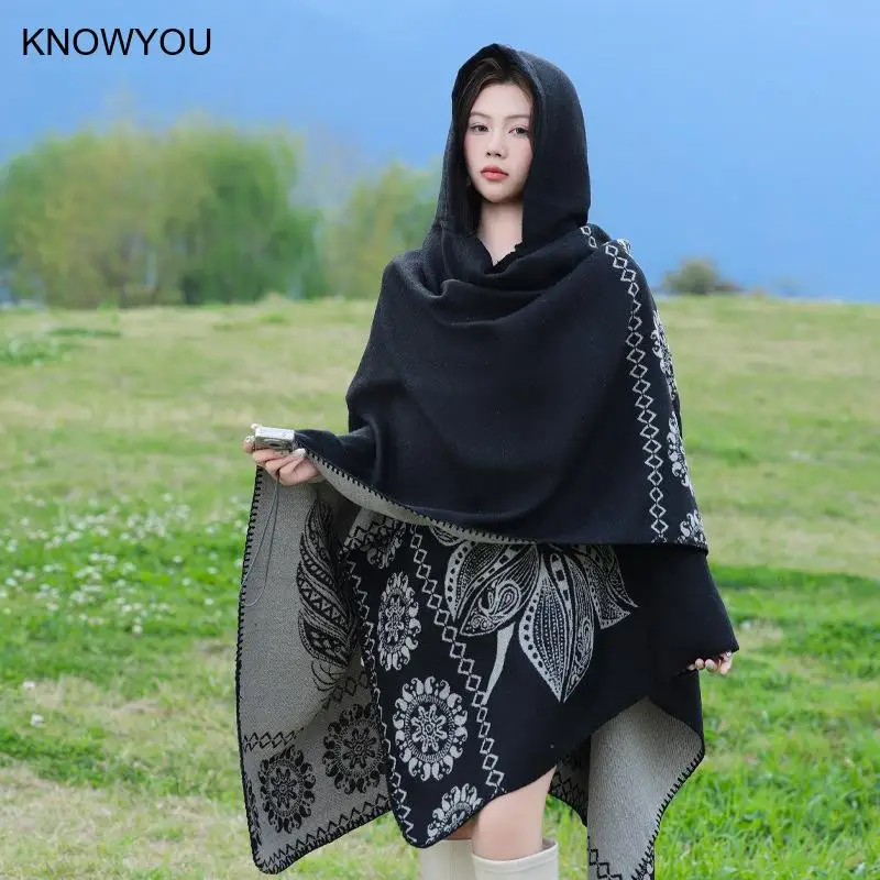Women Split Hooded Shawl Gothic Dark Black Ethnic Cape Warm Imitation Cashmere Poncho 2025 Autumn Winter New Men's Capes Coat