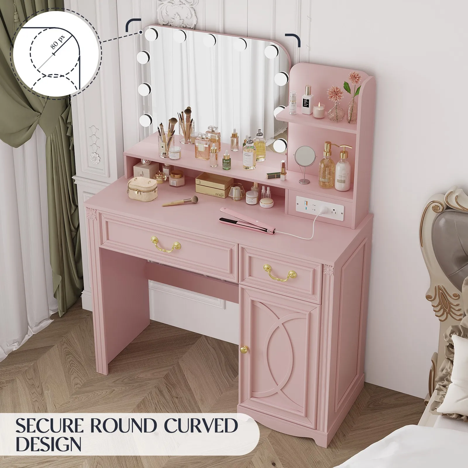 Tocador de maquillaje Escritorio de tocador con toma de corriente de espejo LED y 2 cajones Mesa de maquillaje moderna para organización de belleza