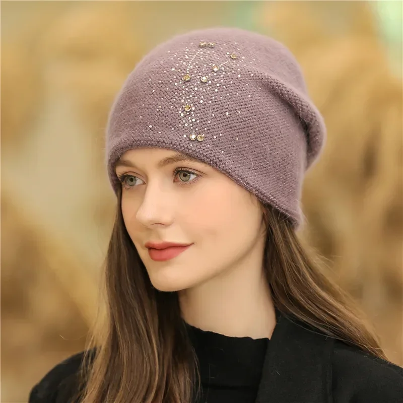 New Women Winter Hat Fashion Decorate Beanie Hat Rabbit Fur Blend Warm Winter Cap for Female Casual Streetwear Knitted Hat