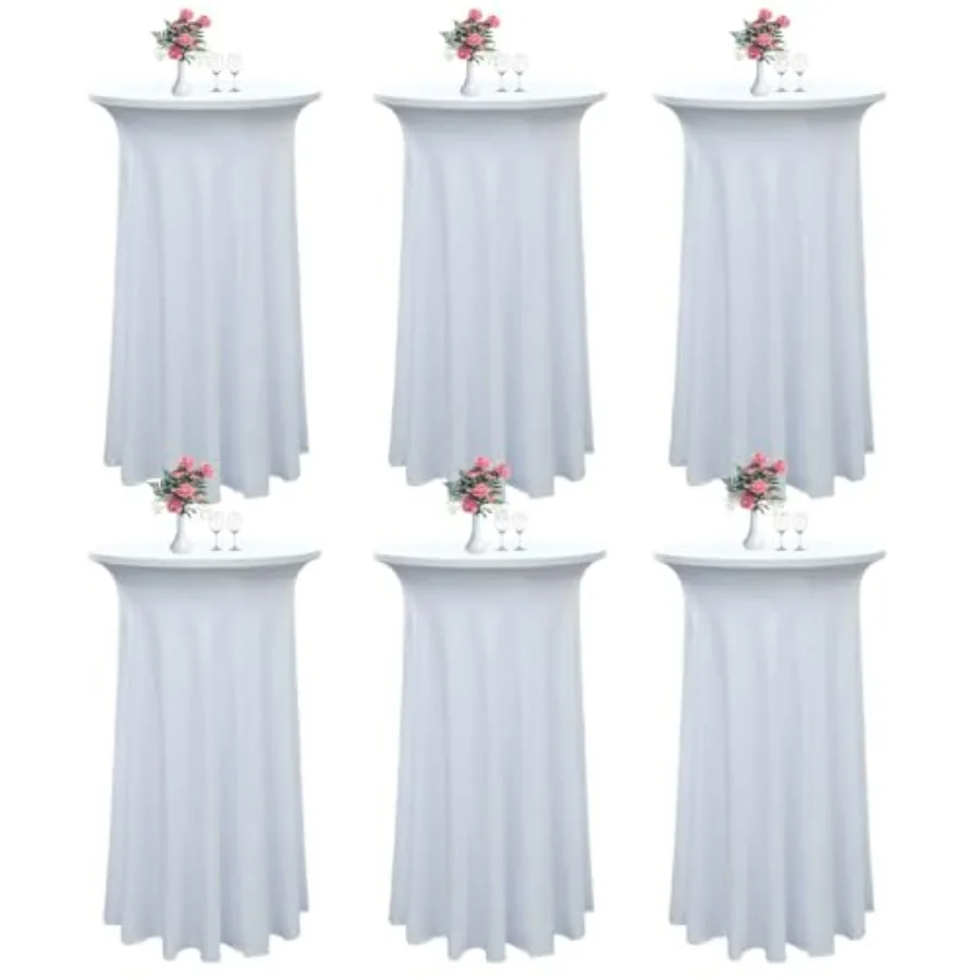 

6 Packs White Round Cocktail Table Skirt 24"x43" – Stretch Spandex Tablecloth with Wavy Drapes, Stain & Wrinkle Resistant, Machi