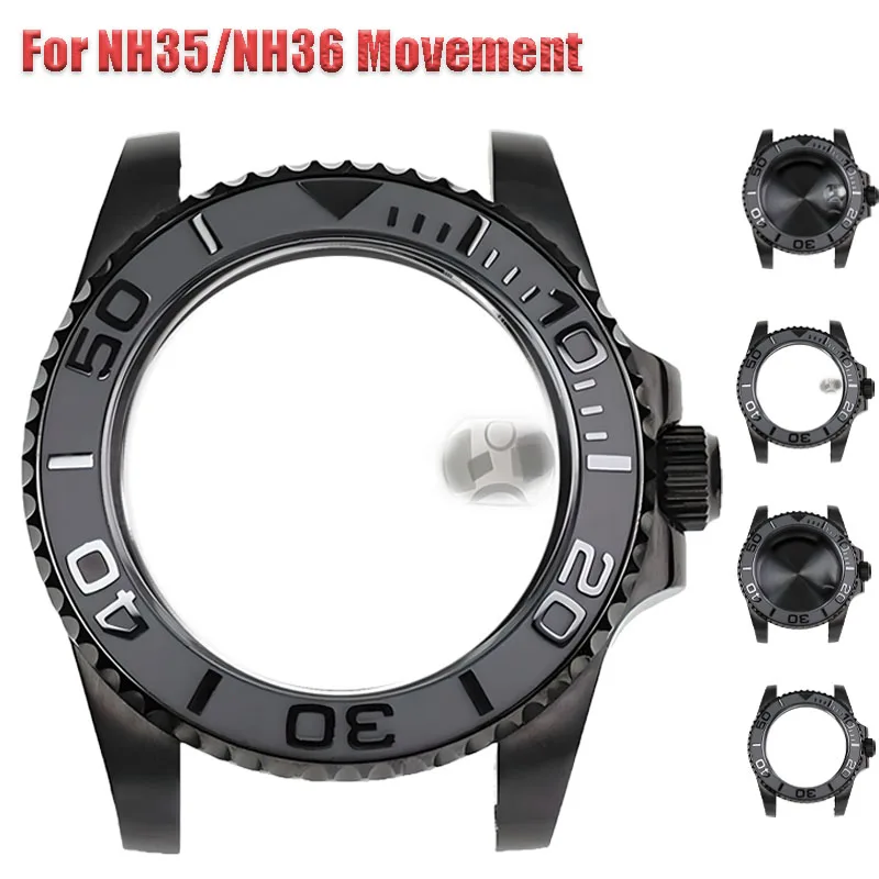 

40mm Black Stainless Steel Men's Watch Cases Sapphire Crystals For NH35/NH36 Mechanical Movement Watch Case Modification Parts