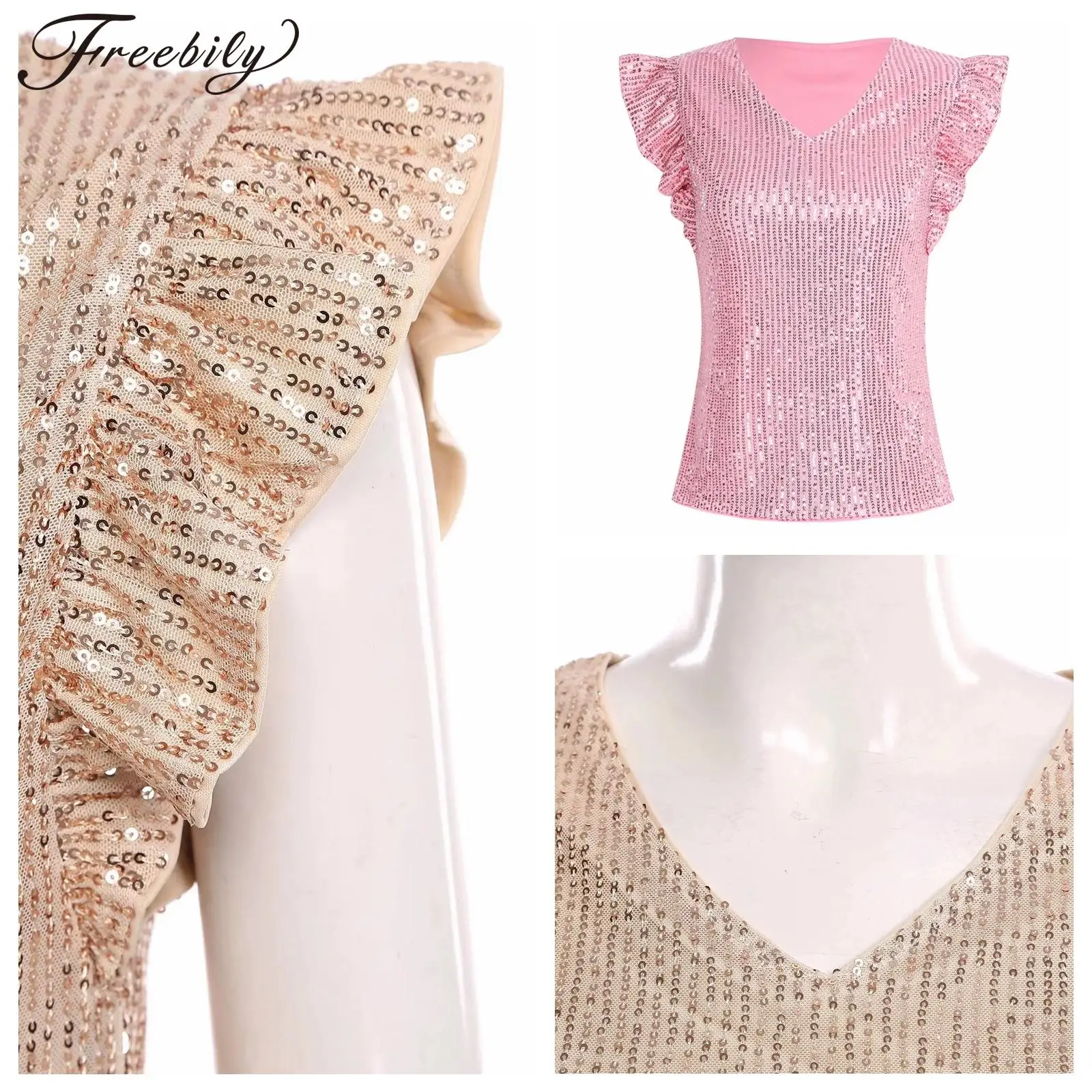 

Женская одежда, топы на бретелях с рюшами и блестками, женская модная одежда, блестящие топы с пайетками, v-образный вырез, костюм для коктейльной вечеринки Rave