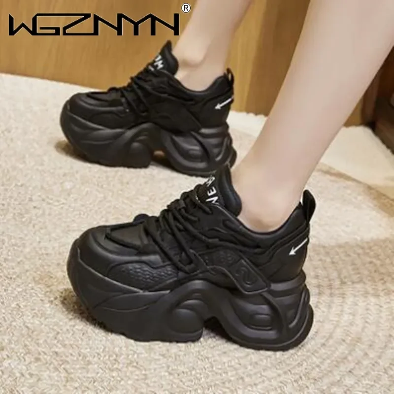 9cm New Designer Microfiber Leather Sneaker for Lady Fashion High Platform Chunky Running Shoes Women Girls Trend Sneakers 2024